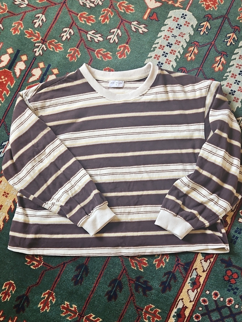 Jane + Willow Striped Crewneck Long Sleeve in Brown and Cream Stripe